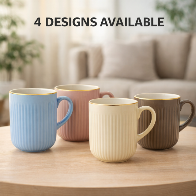 Cuire Light Blue Golden Line RIbbed Ceramic Coffee Mug | Mug for Him & Her | Perfect for Gifting | 350ml (Set of 1)