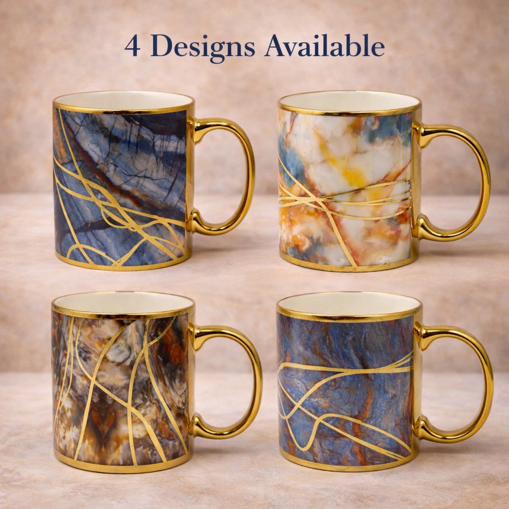 Cuire Golden Veins Designer Ceramic Mug |Stain Resistant, Thermal Resistant | Strong & Durable Premium Tea Cup| 340ml (Golden Veins with Blue Marble)