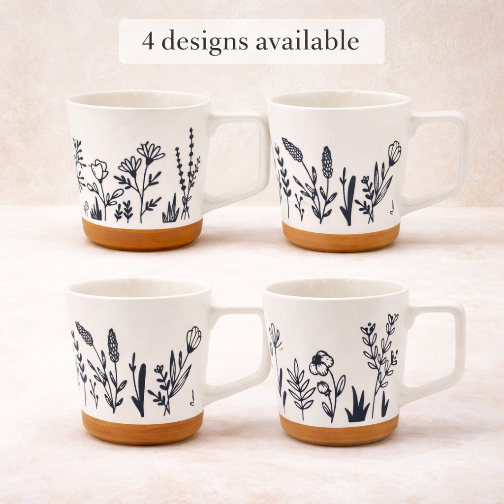 Cuire Floral Embossed Black & White Ceramic Coffee Mug with Brown Base | Mug for Him & Her | Perfect for Gifting | 450ml (Set of 1)