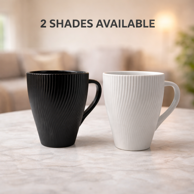Cuire White Ribbed Ceramic Coffee Mug | Mug for Him & Her | Perfect for Gifting | 360ml (Set of 1)
