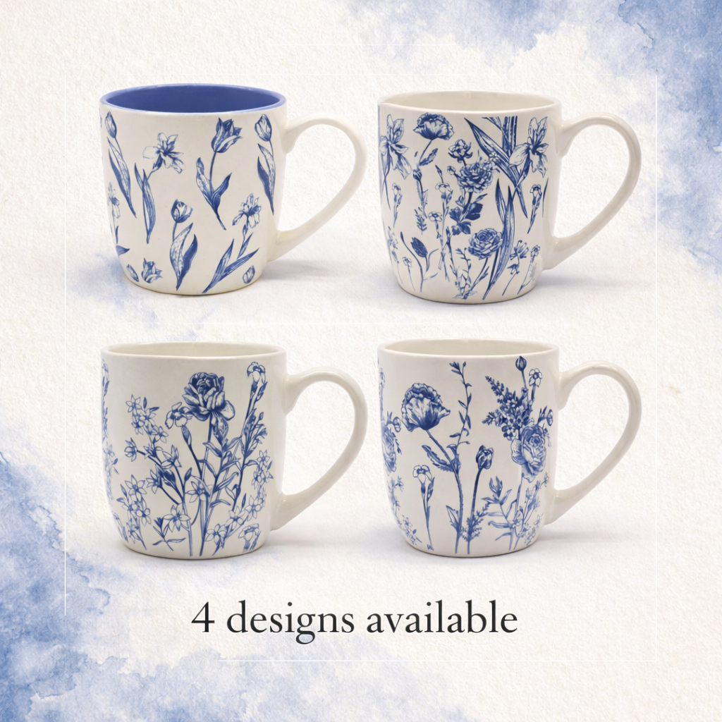 Cuire Floral Blue & White Ceramic Coffee Mug | Mug for Him & Her | Perfect for Gifting | 580ml (Set of 1)