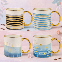 Cuire Azure Gold Waves Ceramic Coffee Mug 340ml | Blue Watercolor Design with Gold Handle & Rim | Stain Resistant, Thermal Resistant | Strong & Durable Tea & Coffee Cup (Blue with Golden Stripes)