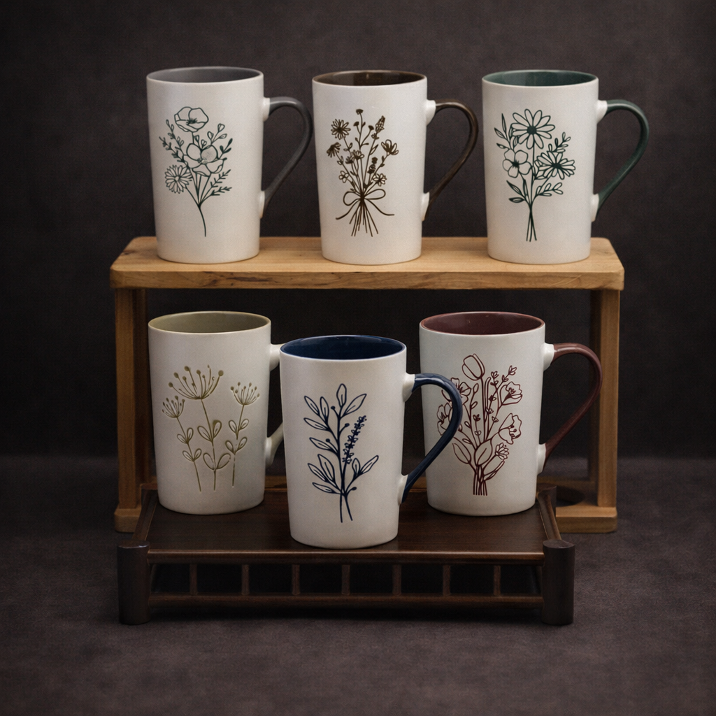 Cuire Green Coloured Floral Embossed Ceramic Coffee Mug | Mug for Him & Her | Perfect for Gifting | 320ml (Set of 1)