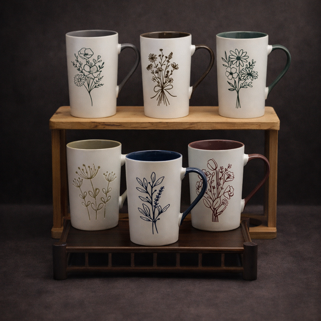 Cuire Green Coloured Floral Embossed Ceramic Coffee Mug | Mug for Him & Her | Perfect for Gifting | 320ml (Set of 1)
