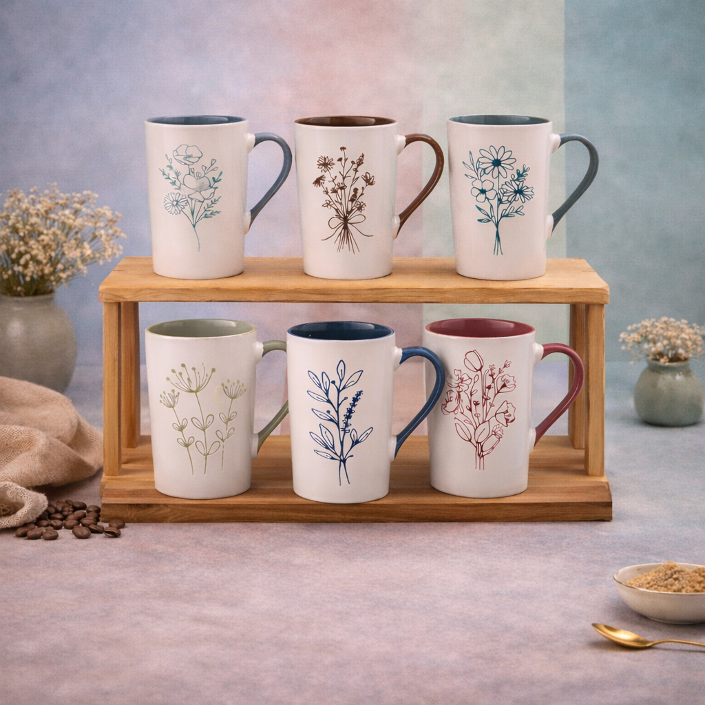 Cuire Beige Coloured Floral Embossed Ceramic Coffee Mug | Mug for Him & Her | Perfect for Gifting | 320ml (Set of 1)