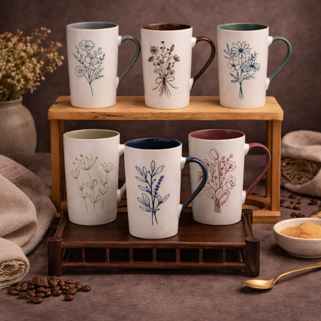 Cuire Blue Coloured Floral Embossed Ceramic Coffee Mug | Mug for Him & Her | Perfect for Gifting | 320ml (Set of 1)