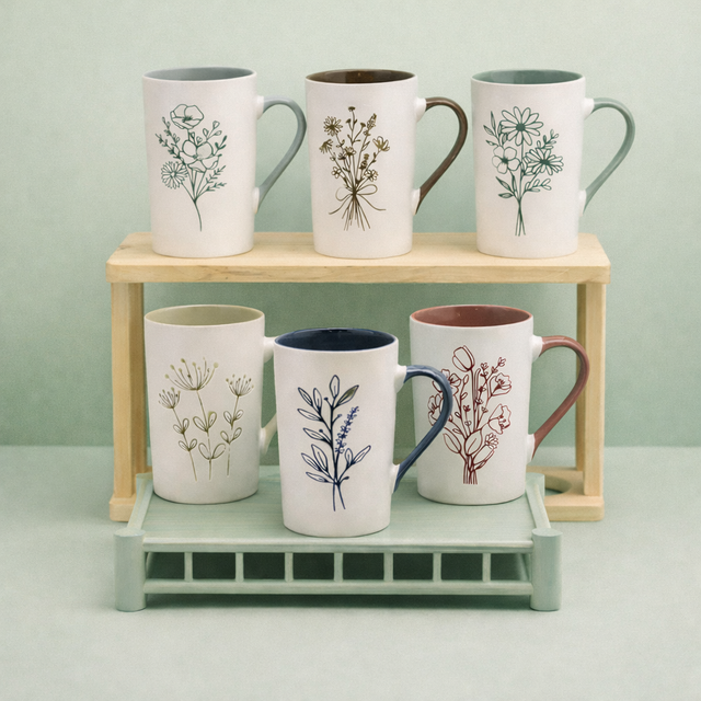 Cuire Grey Coloured Floral Embossed Ceramic Coffee Mug | Mug for Him & Her | Perfect for Gifting | 320ml (Set of 1)