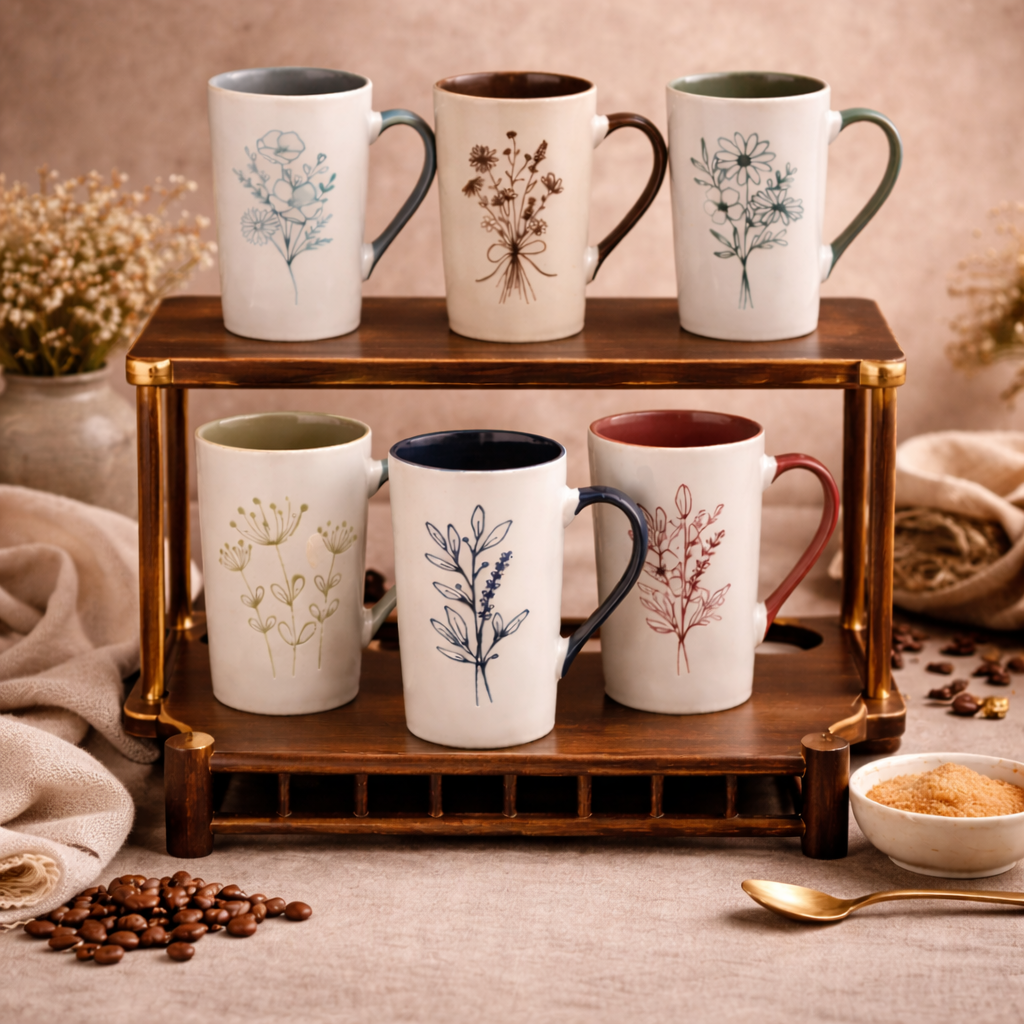 Cuire Brown Coloured Floral Embossed Ceramic Coffee Mug | Mug for Him & Her | Perfect for Gifting | 320ml (Set of 1)