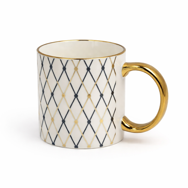 Cuire Blue and Golden Diamond Pattern Ceramic Coffee Mug | Mug for Him & Her | Perfect for Gifting | 340ml (Set of 1))