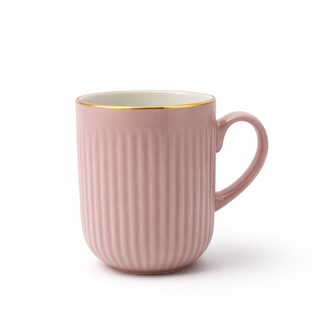 Cuire Light Pink Golden Line RIbbed Ceramic Coffee Mug | Mug for Him & Her | Perfect for Gifting | 350ml (Set of 1)