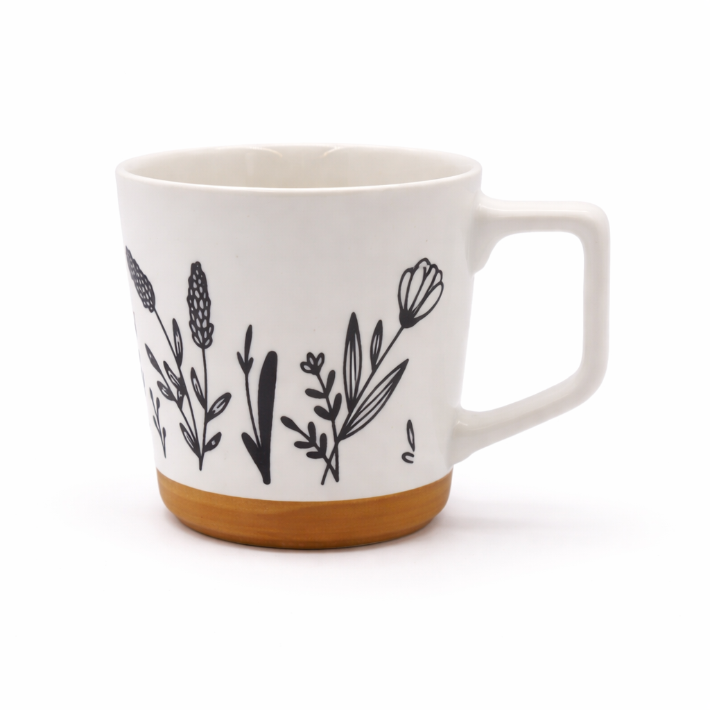 Cuire Floral Embossed Black & White Ceramic Coffee Mug with Brown Base | Mug for Him & Her | Perfect for Gifting | 450ml (Set of 1)