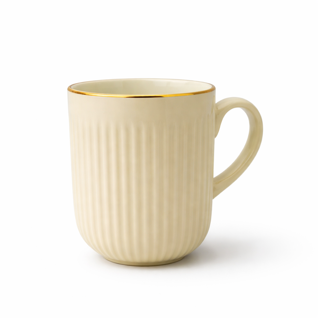 Cuire Light Yellow Golden Line RIbbed Ceramic Coffee Mug | Mug for Him & Her | Perfect for Gifting | 350ml (Set of 1)