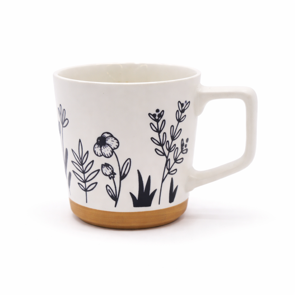 Cuire Floral Embossed Black & White Ceramic Coffee Mug with Brown Base | Mug for Him & Her | Perfect for Gifting | 450ml (Set of 1)