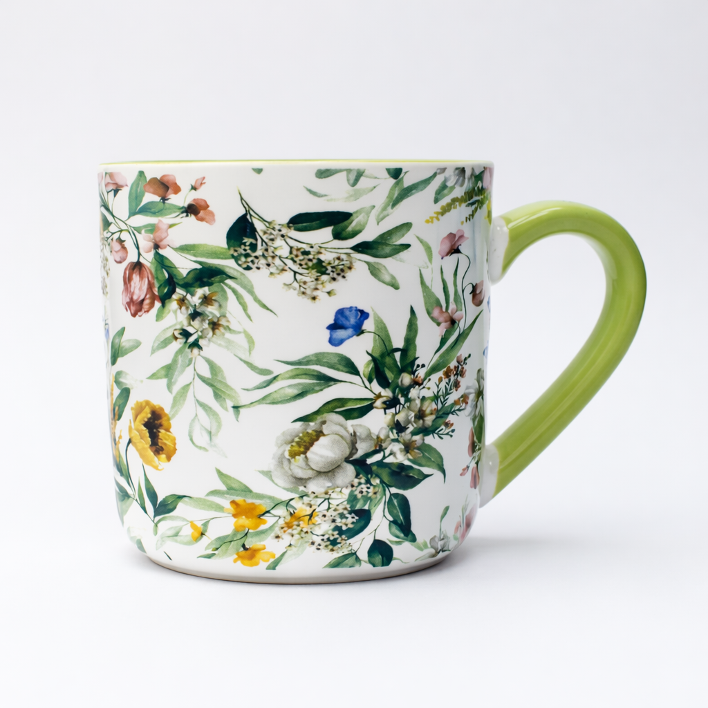 Cuire Green Floral Ceramic Coffee Mug | Mug for Him & Her | Perfect for Gifting | 450ml (Set of 1)