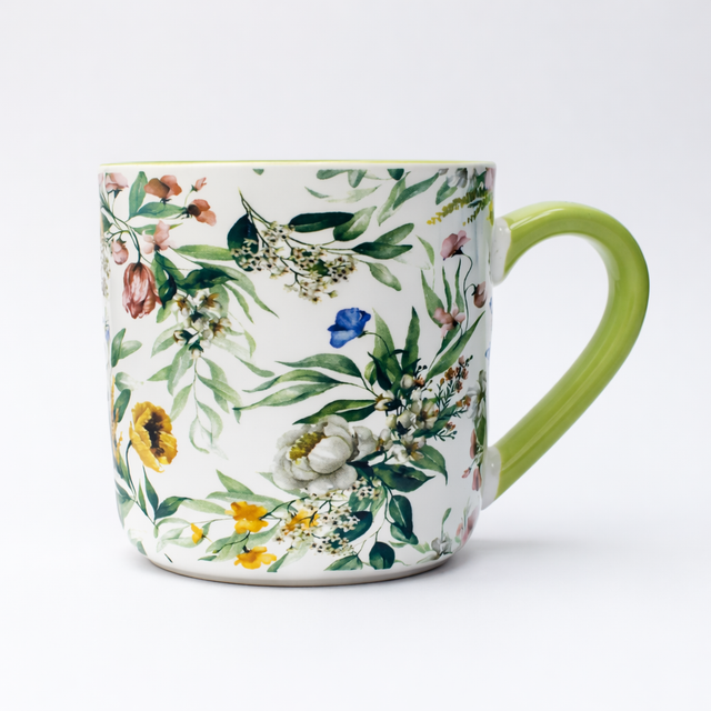 Cuire Green Floral Ceramic Coffee Mug | Mug for Him & Her | Perfect for Gifting | 450ml (Set of 1)