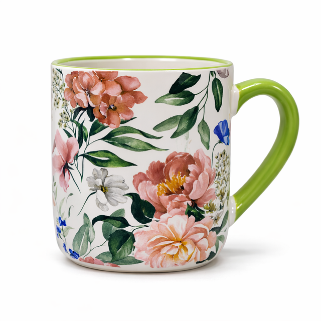 Cuire Green Floral Ceramic Coffee Mug | Mug for Him & Her | Perfect for Gifting | 450ml (Set of 1)