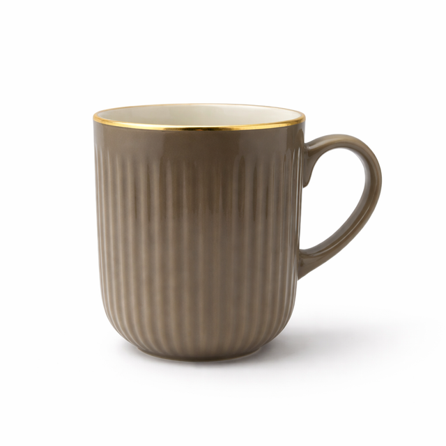 Cuire Chocolate Brown Golden Line RIbbed Ceramic Coffee Mug | Mug for Him & Her | Perfect for Gifting | 350ml (Set of 1)
