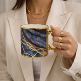 Cuire Golden Veins Designer Ceramic Mug |Stain Resistant, Thermal Resistant | Strong & Durable Premium Tea Cup| 340ml (Golden Veins with Blue Marble)