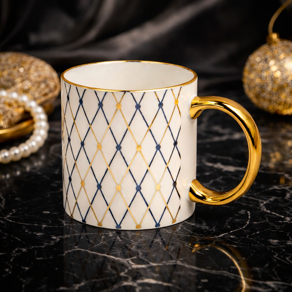 Cuire Blue and Golden Diamond Pattern Ceramic Coffee Mug | Mug for Him & Her | Perfect for Gifting | 340ml (Set of 1))