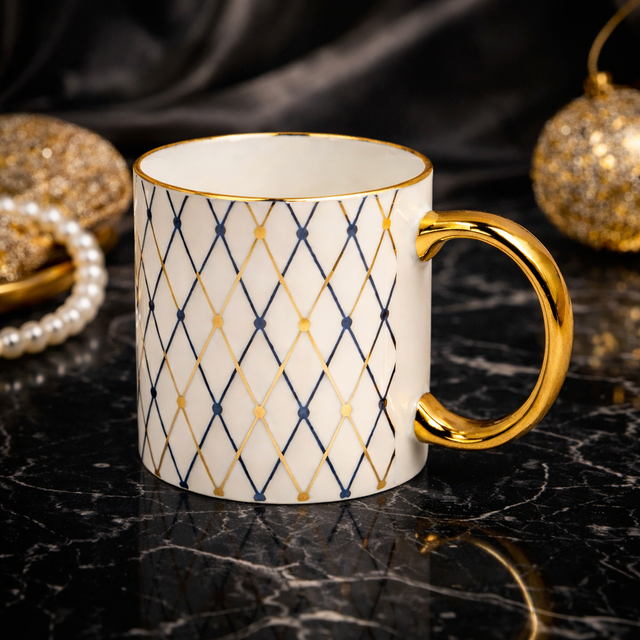 Cuire Blue and Golden Diamond Pattern Ceramic Coffee Mug | Mug for Him & Her | Perfect for Gifting | 340ml (Set of 1))