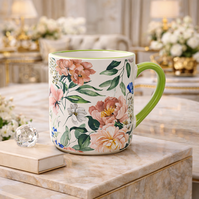 Cuire Green Floral Ceramic Coffee Mug | Mug for Him & Her | Perfect for Gifting | 450ml (Set of 1)