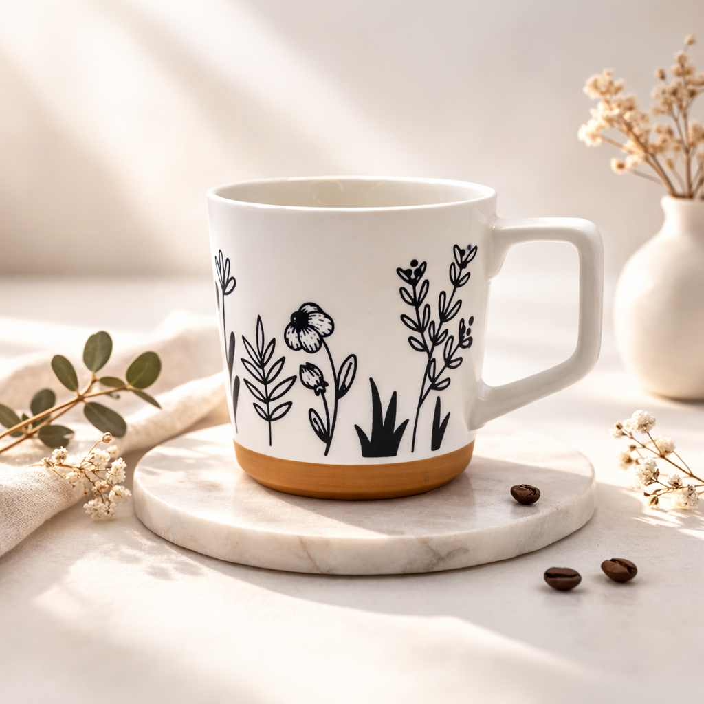 Cuire Floral Embossed Black & White Ceramic Coffee Mug with Brown Base | Mug for Him & Her | Perfect for Gifting | 450ml (Set of 1)