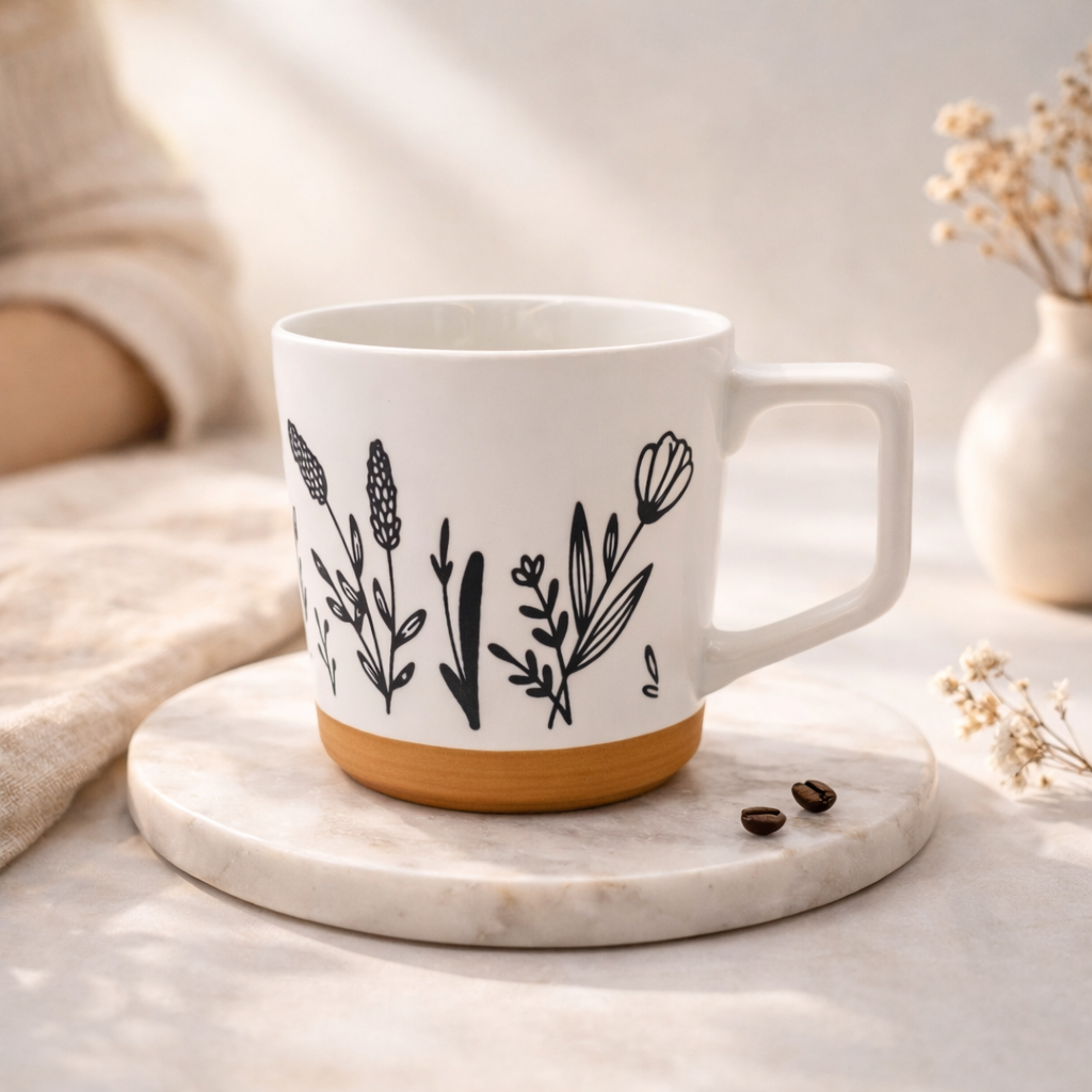 Cuire Floral Embossed Black & White Ceramic Coffee Mug with Brown Base | Mug for Him & Her | Perfect for Gifting | 450ml (Set of 1)