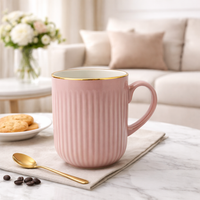 Cuire Light Pink Golden Line RIbbed Ceramic Coffee Mug | Mug for Him & Her | Perfect for Gifting | 350ml (Set of 1)