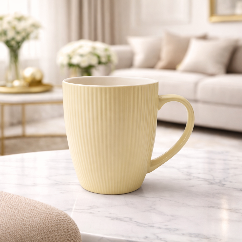 Cuire Pastel Yellow Ribbed Ceramic Coffee Mug | Mug for Him & Her | Perfect for Gifting | 370ml (Set of 1)