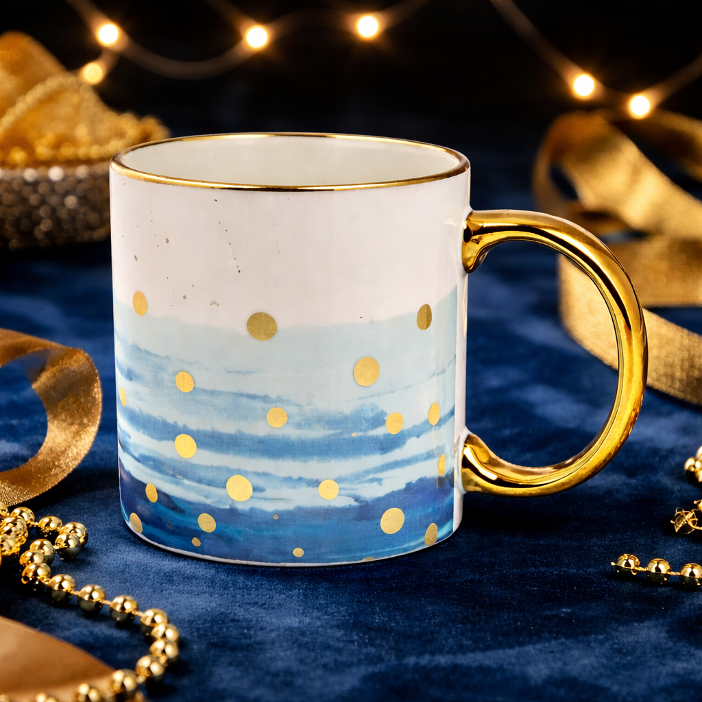 Cuire Blue and Golden Dotted Ceramic Coffee Mug | Mug for Him & Her | Perfect for Gifting | 340ml (Set of 1)