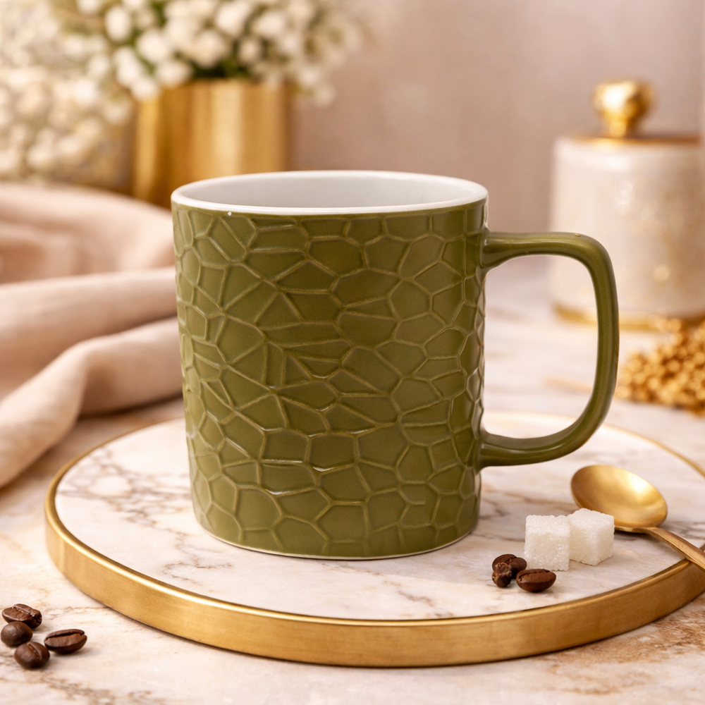 Cuire Stone Texture Olive Green Ceramic Coffee Mug | Mug for Him & Her | Perfect for Gifting | 350ml (Set of 1)