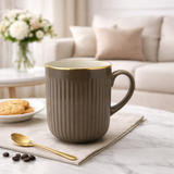 Cuire Chocolate Brown Golden Line RIbbed Ceramic Coffee Mug | Mug for Him & Her | Perfect for Gifting | 350ml (Set of 1)