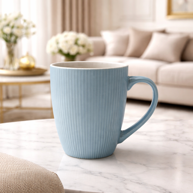 Cuire Light Blue Ribbed Ceramic Coffee Mug | Mug for Him & Her | Perfect for Gifting | 370ml (Set of 1)