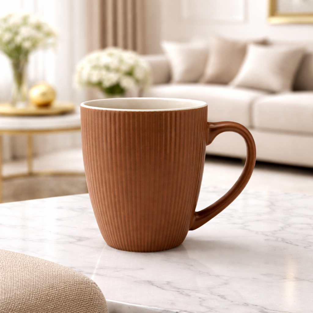 Cuire Brown Ribbed Ceramic Coffee Mug | Mug for Him & Her | Perfect for Gifting | 370ml (Set of 1)