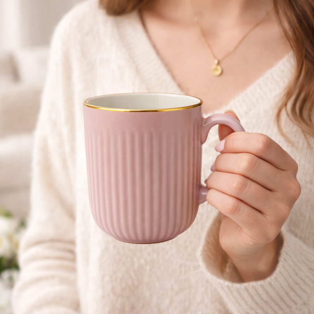 Cuire Light Pink Golden Line RIbbed Ceramic Coffee Mug | Mug for Him & Her | Perfect for Gifting | 350ml (Set of 1)