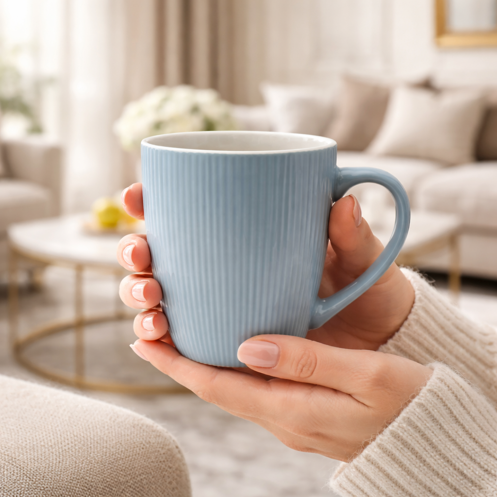 Cuire Light Blue Ribbed Ceramic Coffee Mug | Mug for Him & Her | Perfect for Gifting | 370ml (Set of 1)