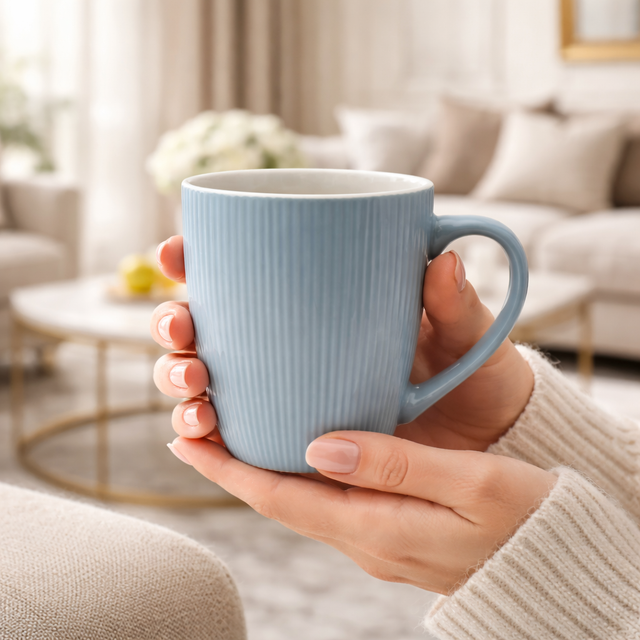 Cuire Light Blue Ribbed Ceramic Coffee Mug | Mug for Him & Her | Perfect for Gifting | 370ml (Set of 1)
