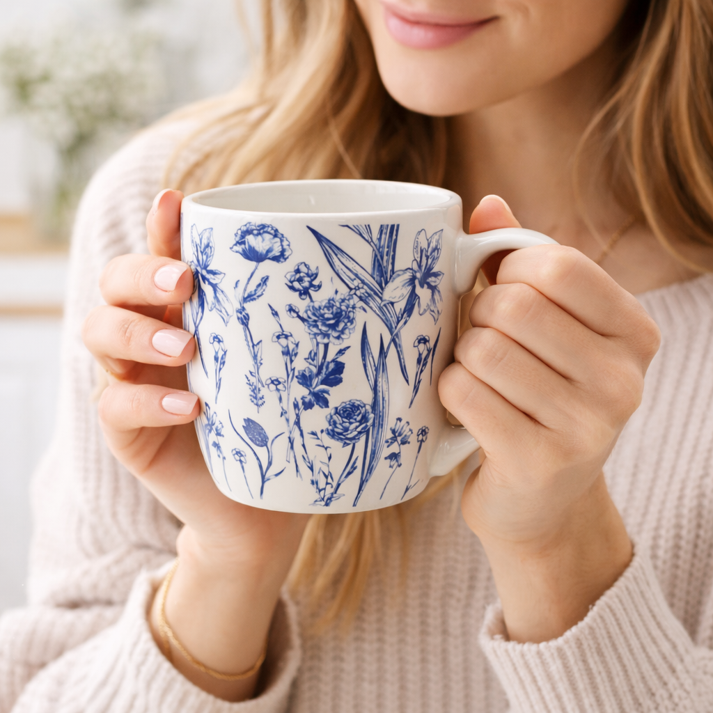 Cuire Floral Blue & White Ceramic Coffee Mug | Mug for Him & Her | Perfect for Gifting | 580ml (Set of 1)