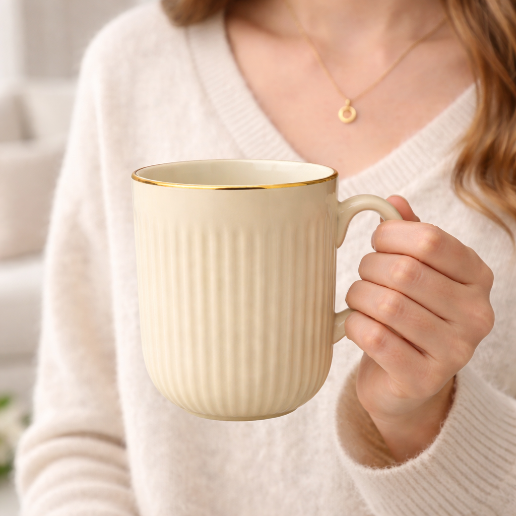 Cuire Light Yellow Golden Line RIbbed Ceramic Coffee Mug | Mug for Him & Her | Perfect for Gifting | 350ml (Set of 1)