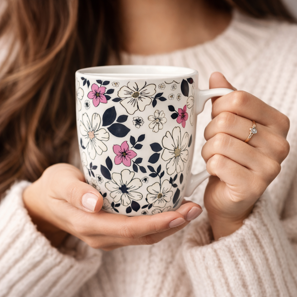 Cuire Black & White Floral Ceramic Coffee Mug | Mug for Him & Her | Perfect for Gifting | 350ml (Set of 1)
