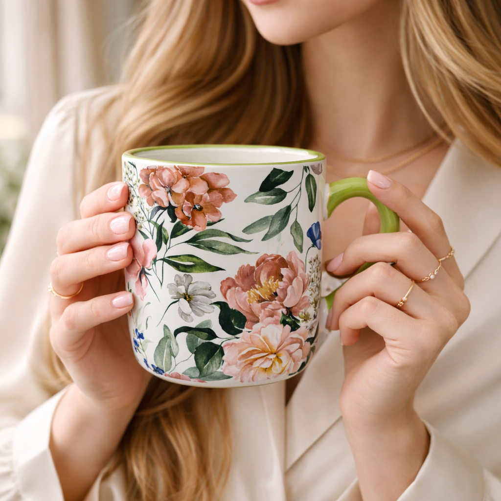 Cuire Green Floral Ceramic Coffee Mug | Mug for Him & Her | Perfect for Gifting | 450ml (Set of 1)