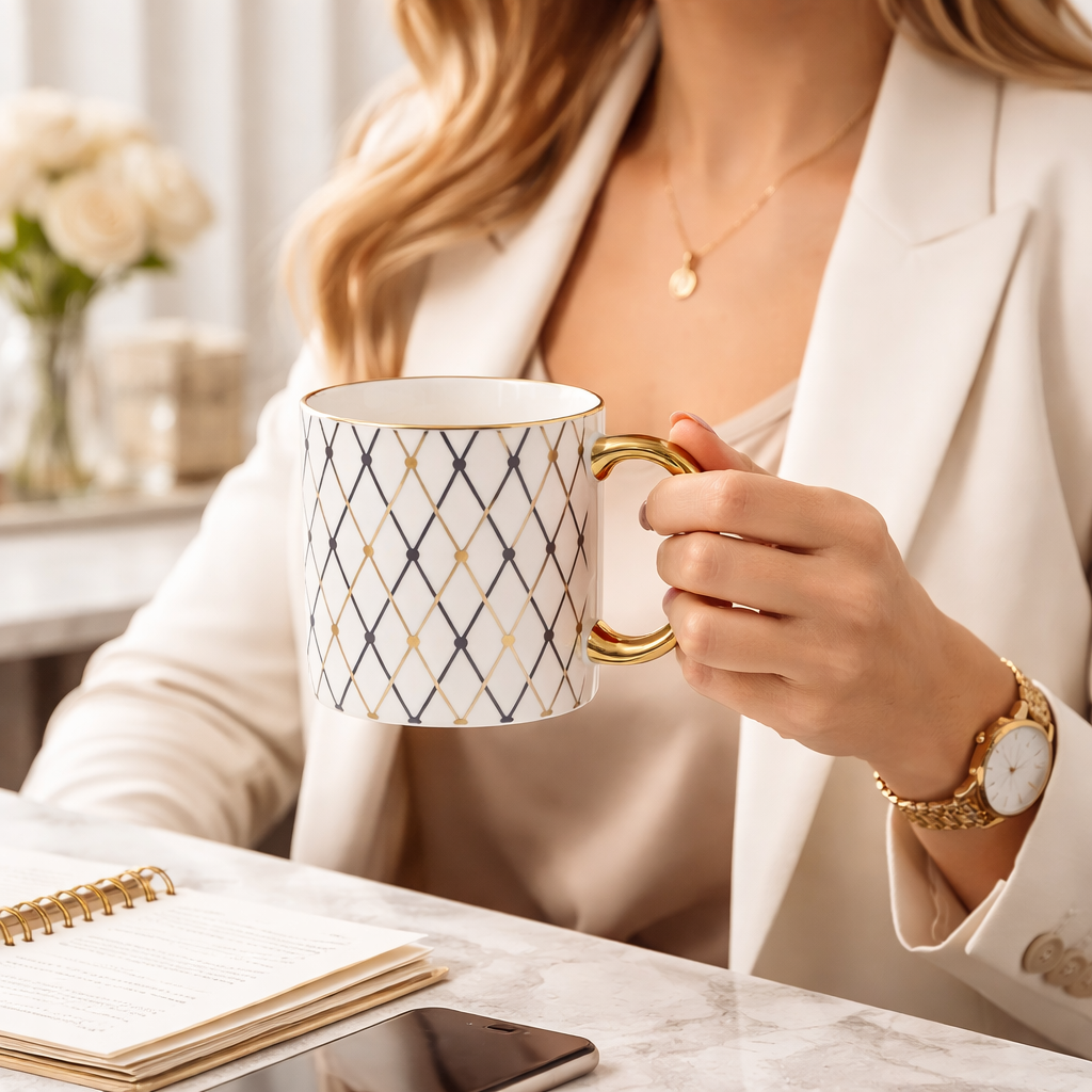 Cuire Aurora Luxe Gold Handle Coffee Mug – Premium Designer Ceramic Mug with Elegant Blush Lattice Pattern, 340ml Capacity | Perfect for Coffee, Tea & Gifting (Golden Blue)