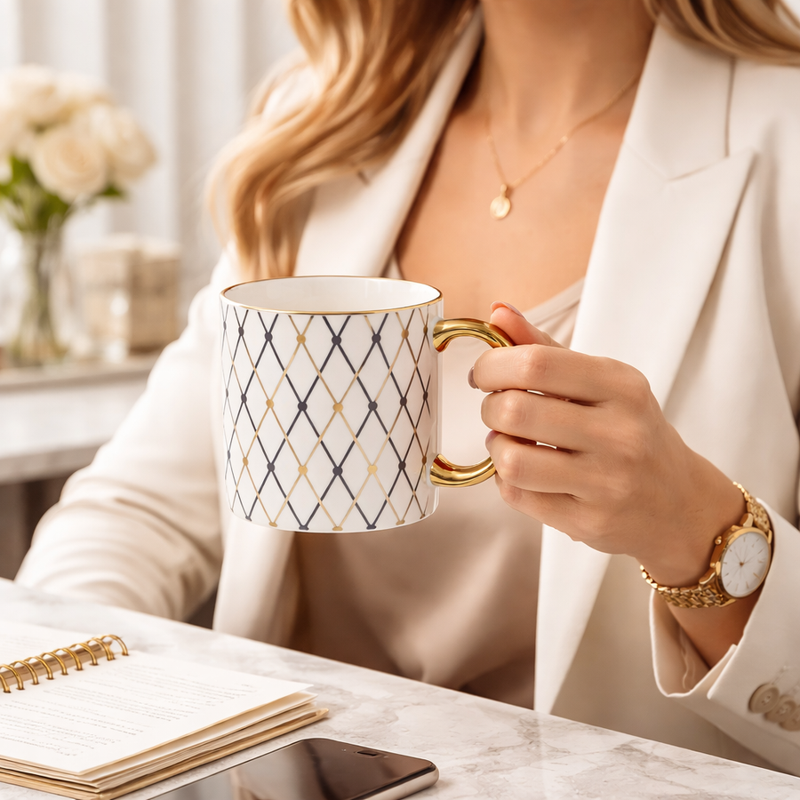 Cuire Aurora Luxe Gold Handle Coffee Mug – Premium Designer Ceramic Mug with Elegant Blush Lattice Pattern, 340ml Capacity | Perfect for Coffee, Tea & Gifting (Golden Blue)