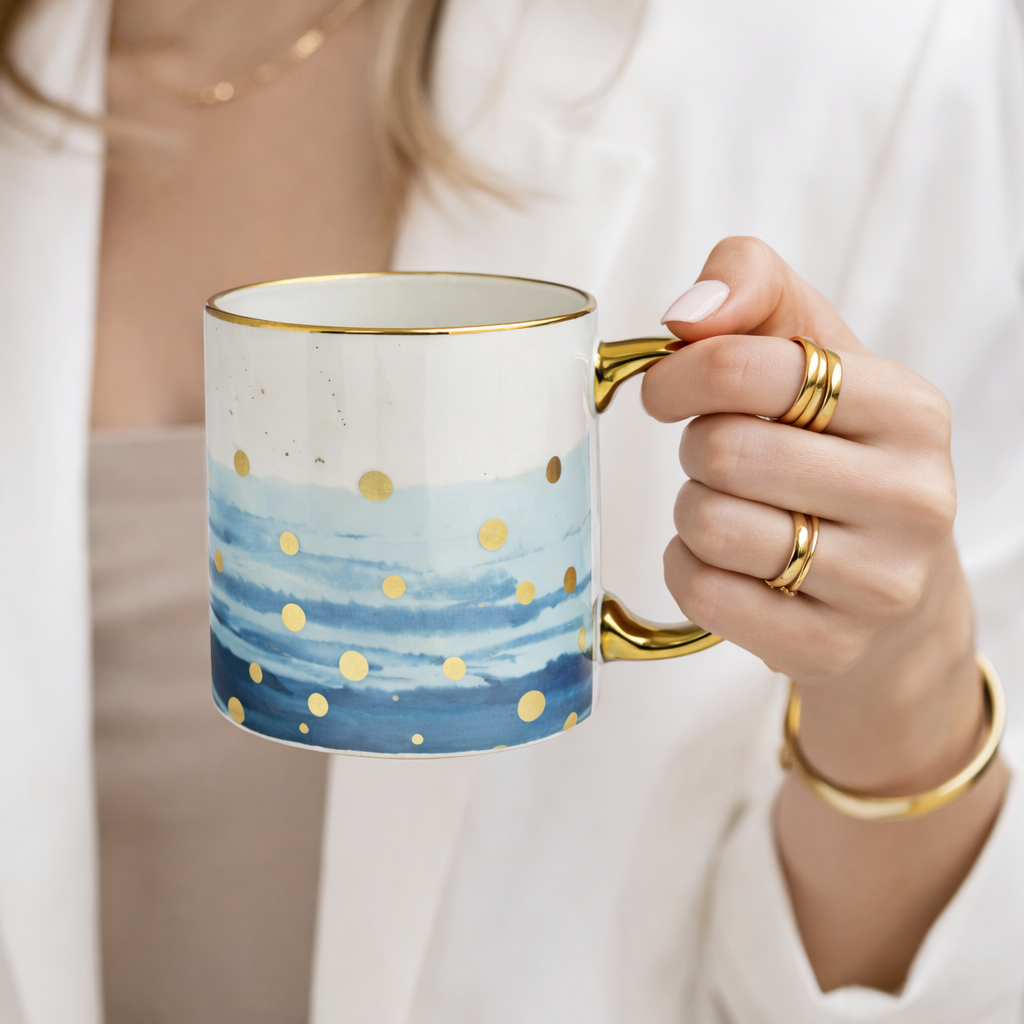 Cuire Azure Gold Waves Ceramic Coffee Mug 340ml | Blue Watercolor Design with Gold Handle & Rim | Stain Resistant, Thermal Resistant | Strong & Durable Tea & Coffee Cup (Blue with Golden Polka DOTS)