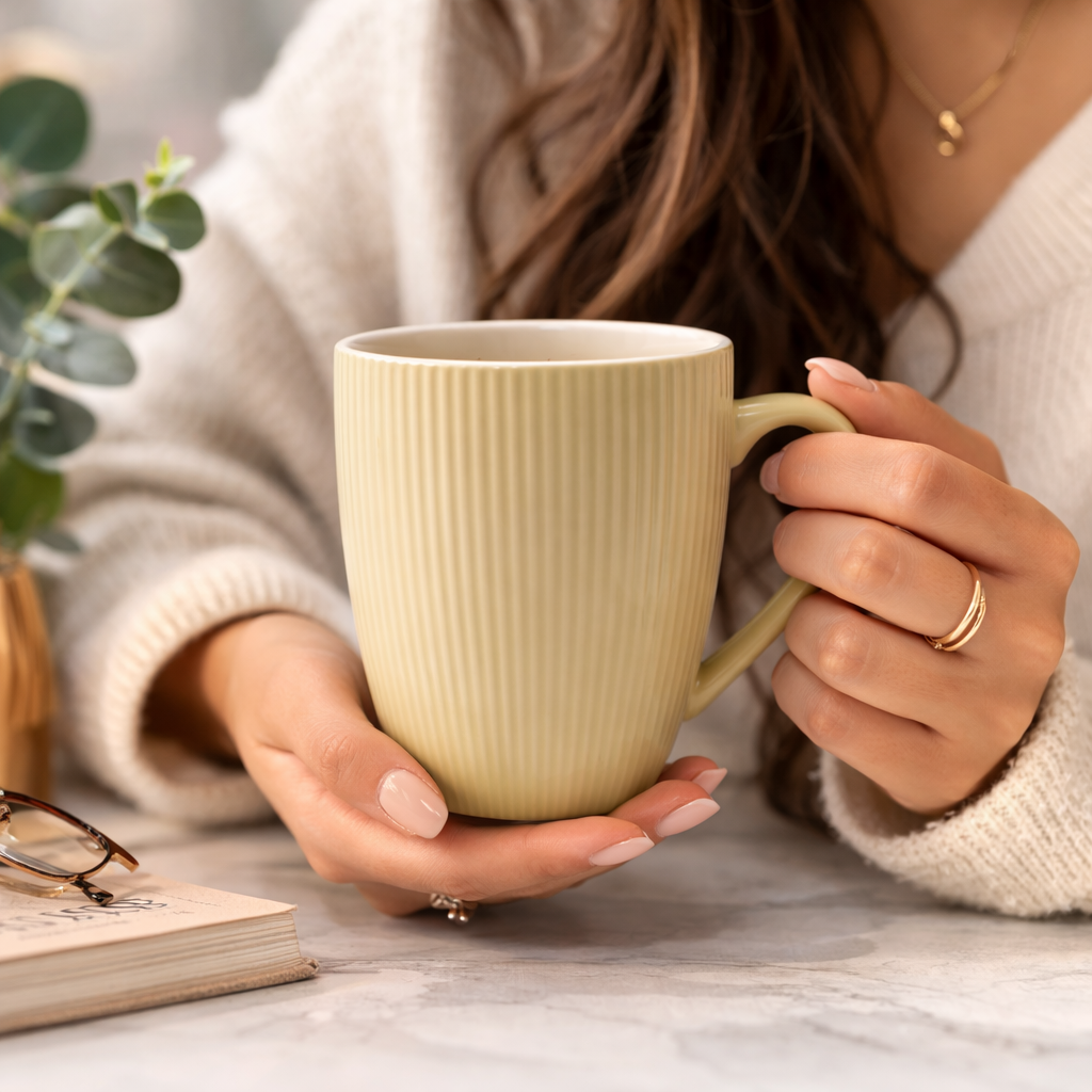 Cuire Pastel Yellow Ribbed Ceramic Coffee Mug | Mug for Him & Her | Perfect for Gifting | 370ml (Set of 1)
