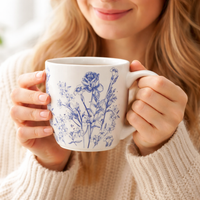 Cuire Floral Blue & White Ceramic Coffee Mug | Mug for Him & Her | Perfect for Gifting | 580ml (Set of 1)