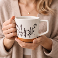 Cuire Floral Embossed Black & White Ceramic Coffee Mug with Brown Base | Mug for Him & Her | Perfect for Gifting | 450ml (Set of 1)