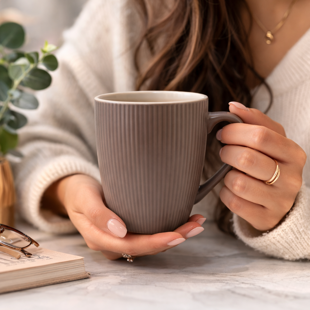 Cuire Grey Ribbed Ceramic Coffee Mug | Mug for Him & Her | Perfect for Gifting | 370ml (Set of 1)