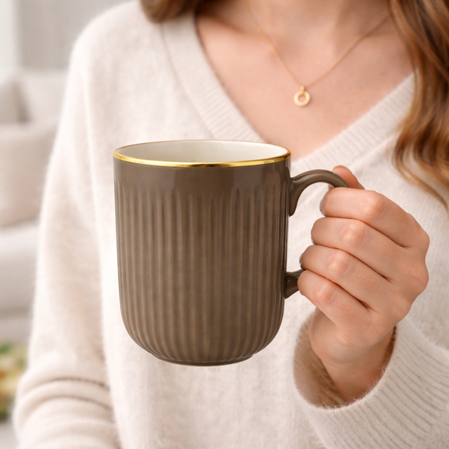Cuire Chocolate Brown Golden Line RIbbed Ceramic Coffee Mug | Mug for Him & Her | Perfect for Gifting | 350ml (Set of 1)