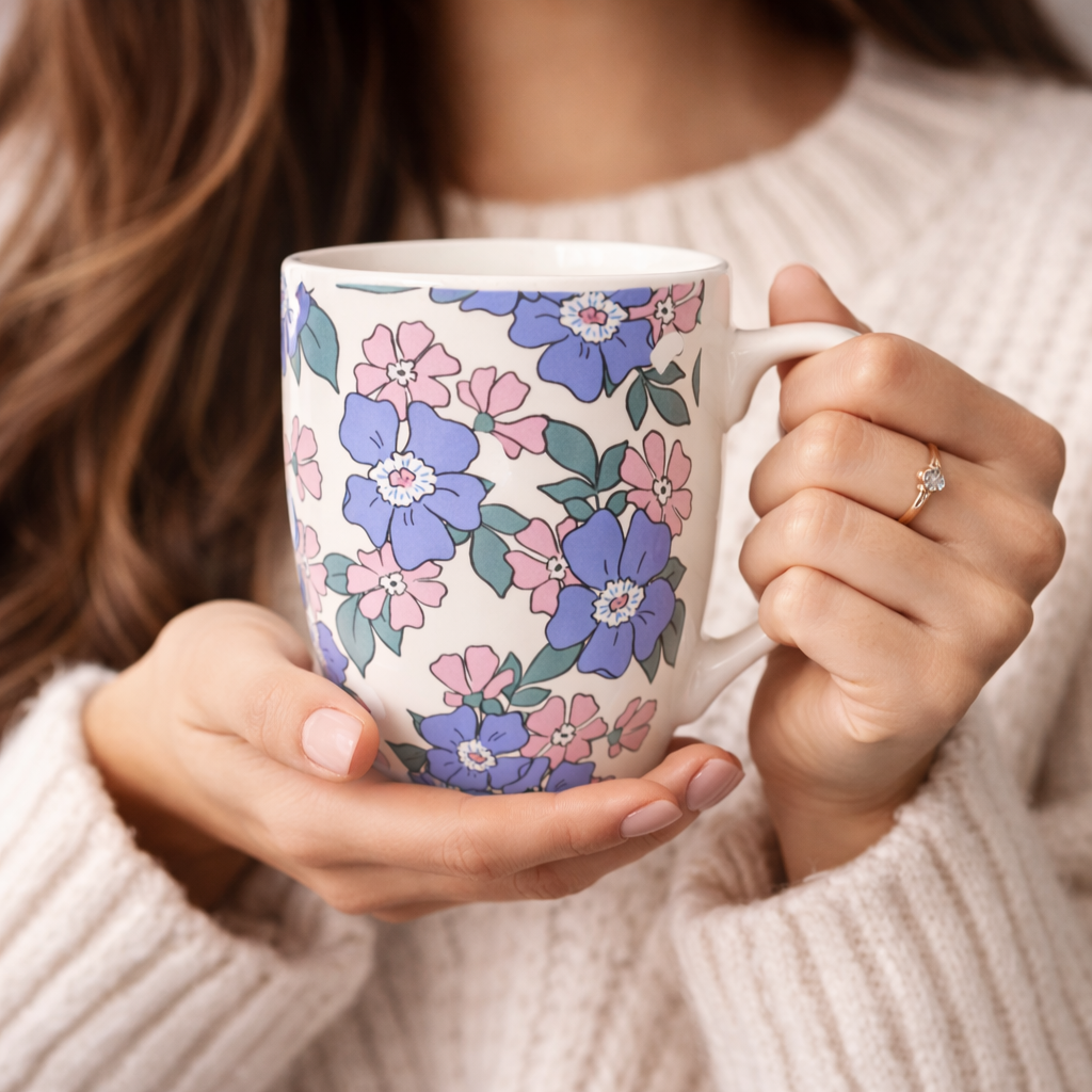 Cuire Black & White Floral Ceramic Coffee Mug | Mug for Him & Her | Perfect for Gifting | 350ml (Set of 1)